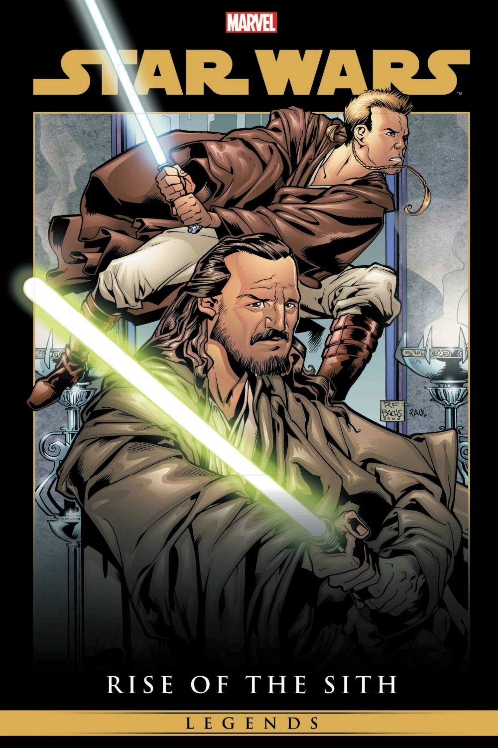 Qui-Gon Jinn e Obi-Wan Kenobi desenham seus sabres de luz na capa de Rise of the Sith.