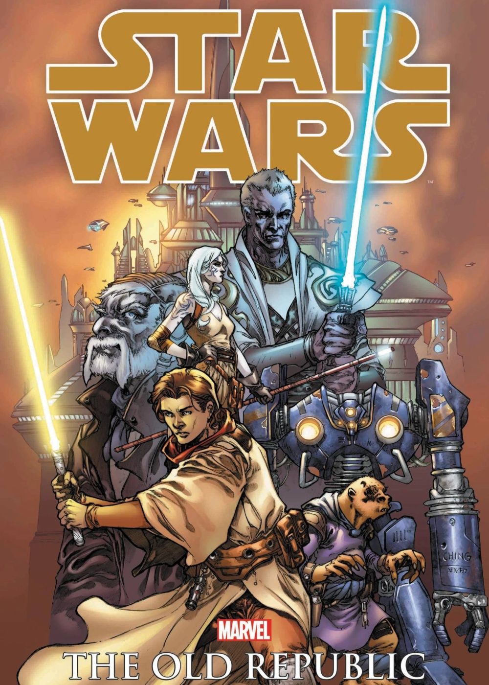 A arte da capa de Star Wars: The Old Republic Omnibus apresenta uma colagem do elenco principal.