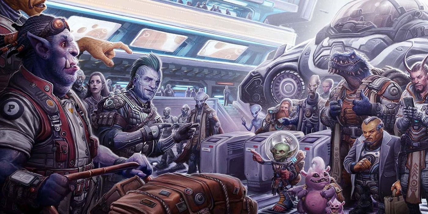 Personagens Starfinder em um cinto de recuperação de bagagem