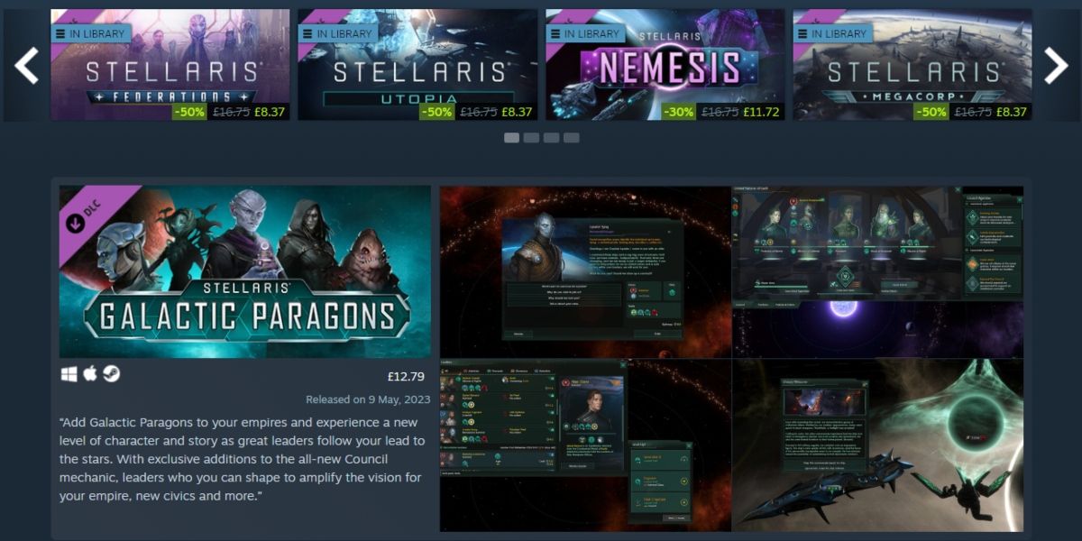 Página da loja Steam da Stellaris com seus muitos DLC