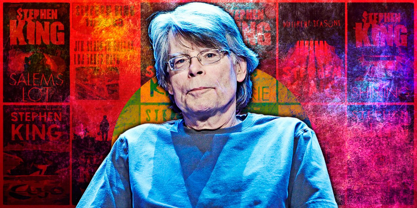 Stephen King sits in front of a collage of his most famous novels