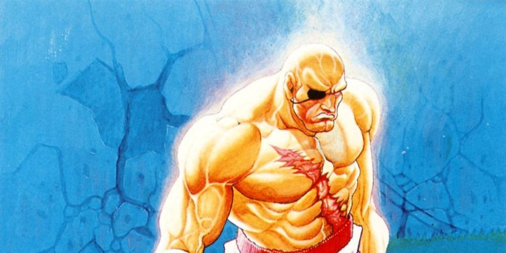 Arte clássica de Sagat meditando em Street Fighter 2