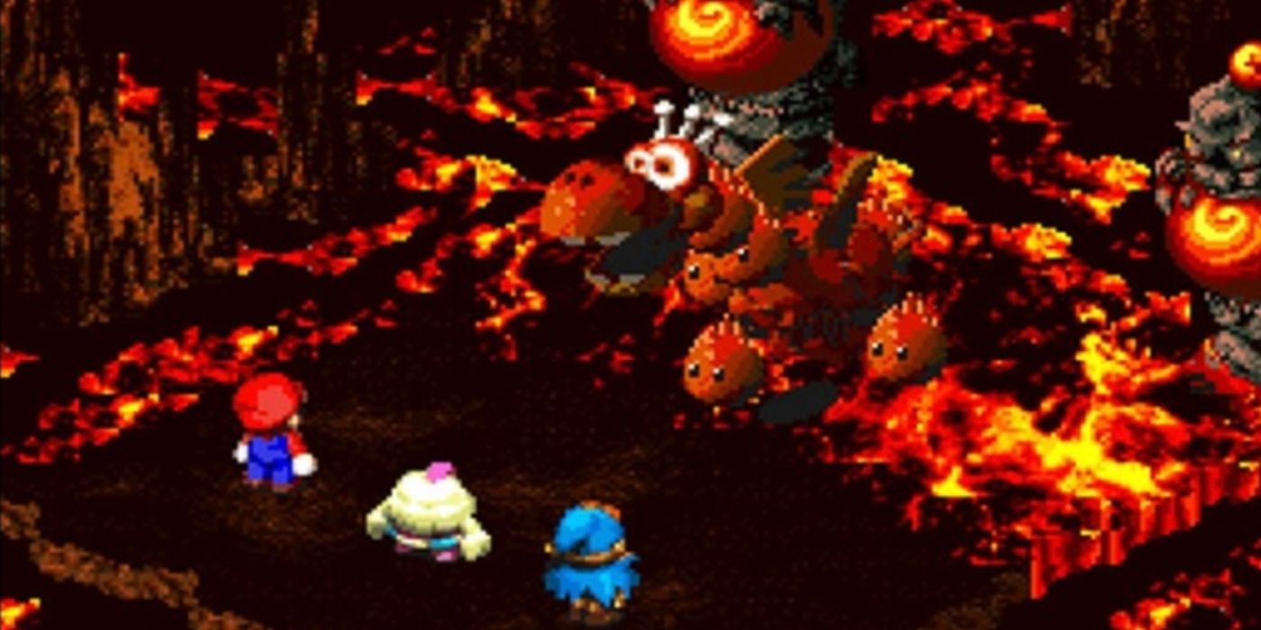 Mario e seu grupo lutam contra o Czar Dragon no Barrel Volcano no Super Mario RPG