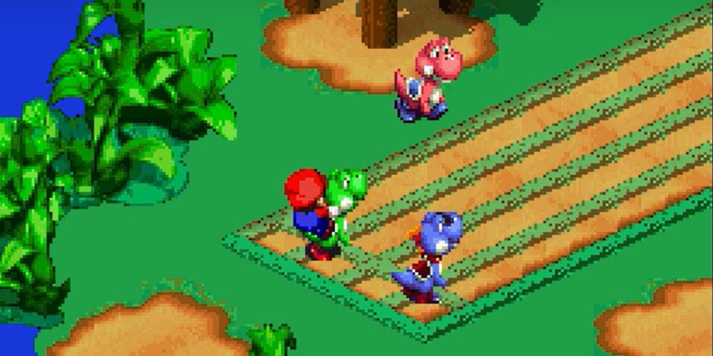 Mario montando Yoshi em uma corrida contra Boshi durante Super Mario RPG