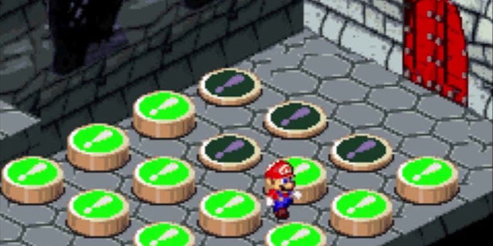 Mario completa um quebra-cabeça de troca no Bowser's Keep no Super Mario RPG