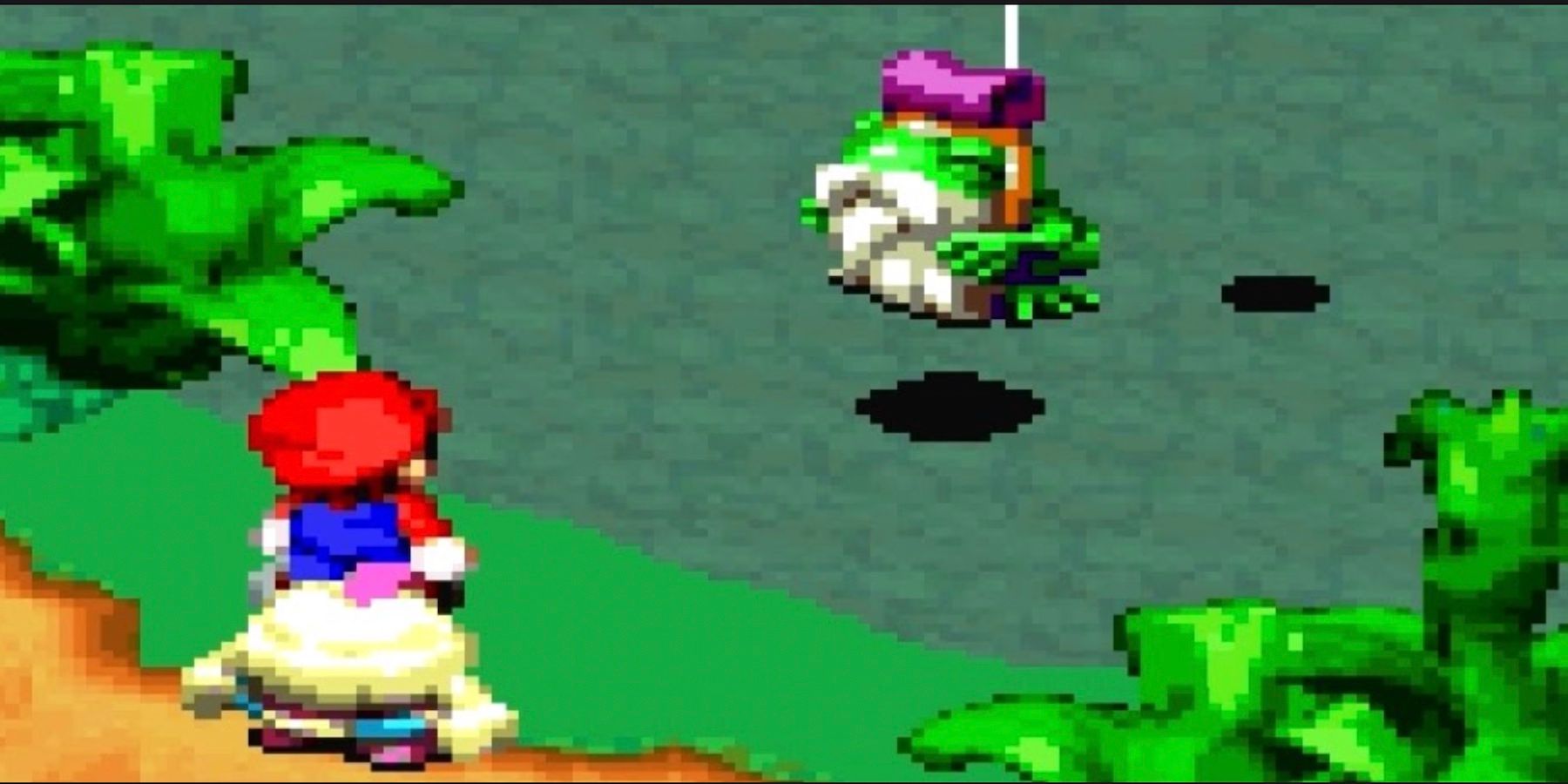 Frogfucius flutua ameaçadoramente na frente de Mallow e Mario em Super Mario RPG