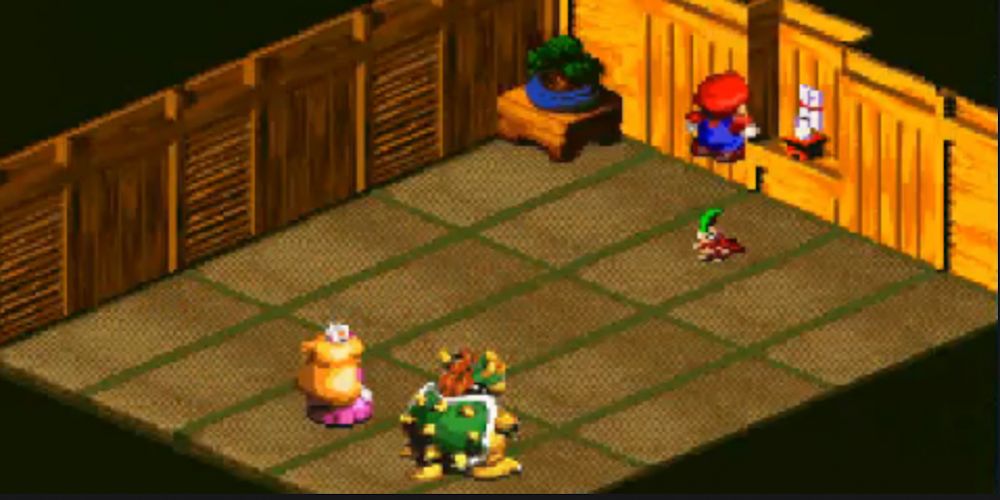 Mario luta contra Jinx em seu dojo de luta em Super Mario RPG