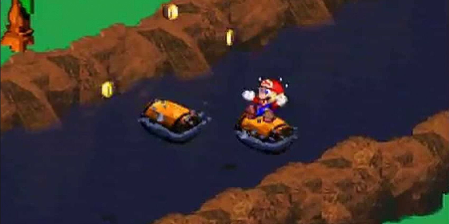 Mario salta sobre barris no minigame Midas River no Super Mario RPG