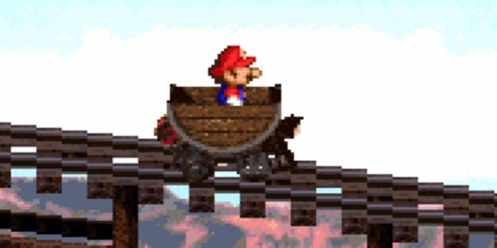 Mario anda no minecart Moleville Mountain em Super Mario RPG