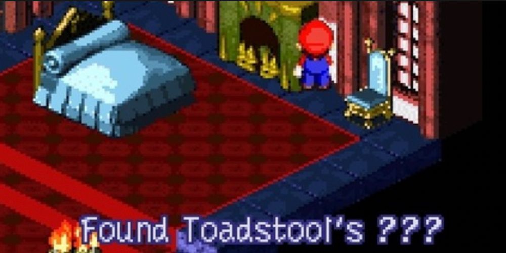 Mario encontra Toadstool's ???  atrás de sua cama em Super Mario RPG