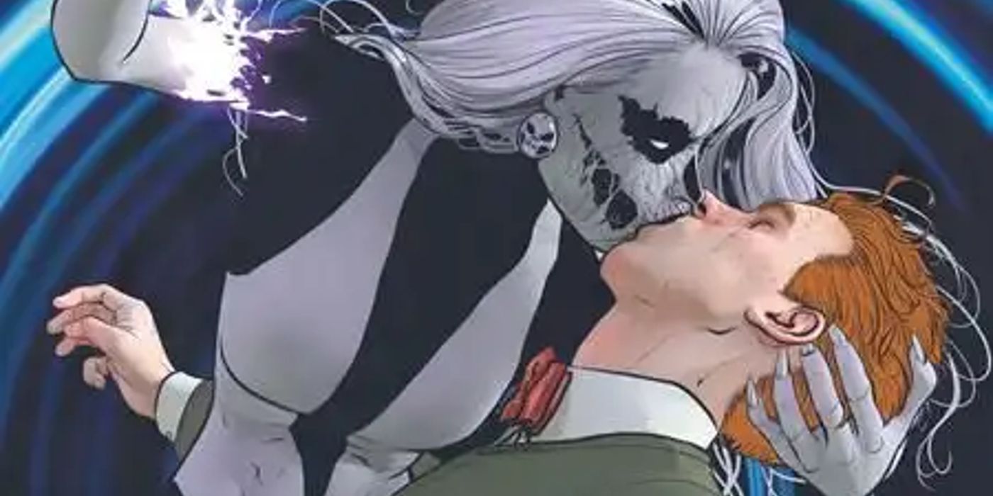 jimmy olsen and silver banshee kissing passionately on the cover of superman 5