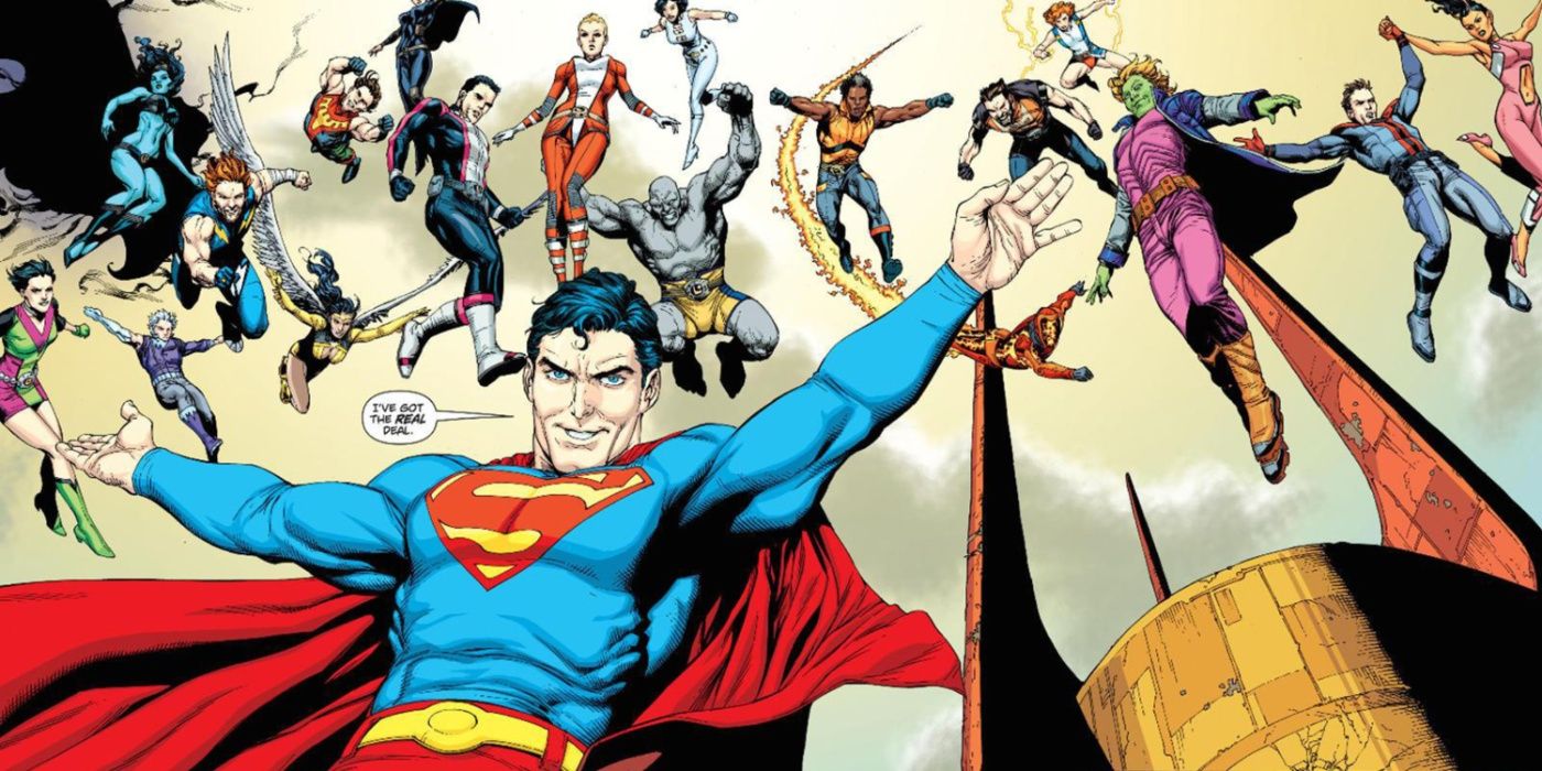 Superman com a Legião de Super-Heróis voando atrás dele.
