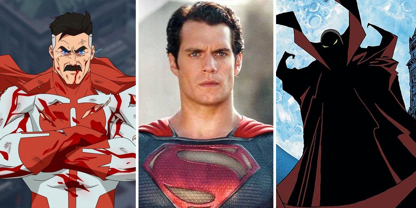 split image: Superman Henry Cavill in Man of Steel, and Omni Man and Spawn from animated series