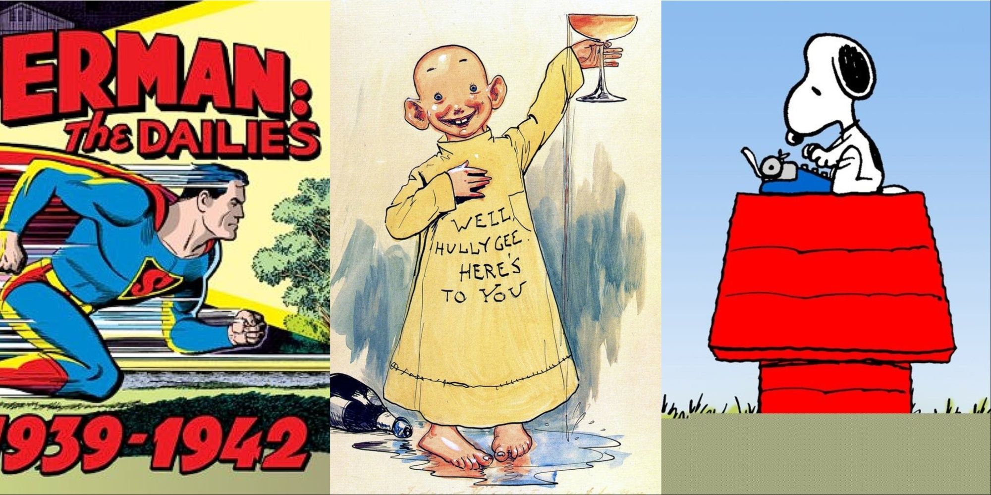 A split image of Superman running in newspaper comics, the Yellow Kid, and Snoopy