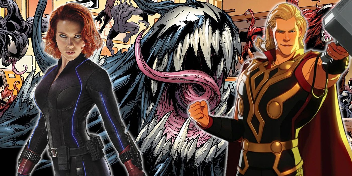 split image: Venom and symbiotes, MCU Black Widow and What If? Party Thor