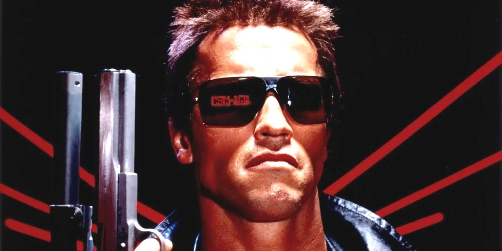 Arnold Schwarzenegger as the Terminator with massive shades and a pistol