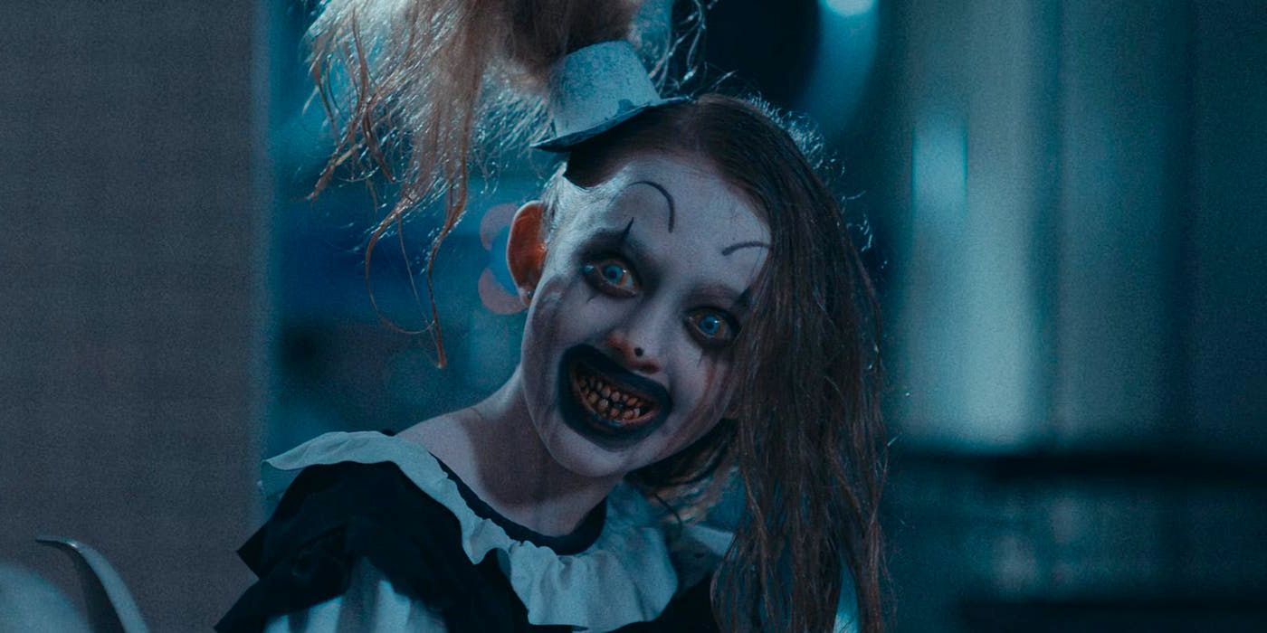 Damien Leone's Terrifier 2 Little Pale Clown Girl Smiling Played by Amelie McLain