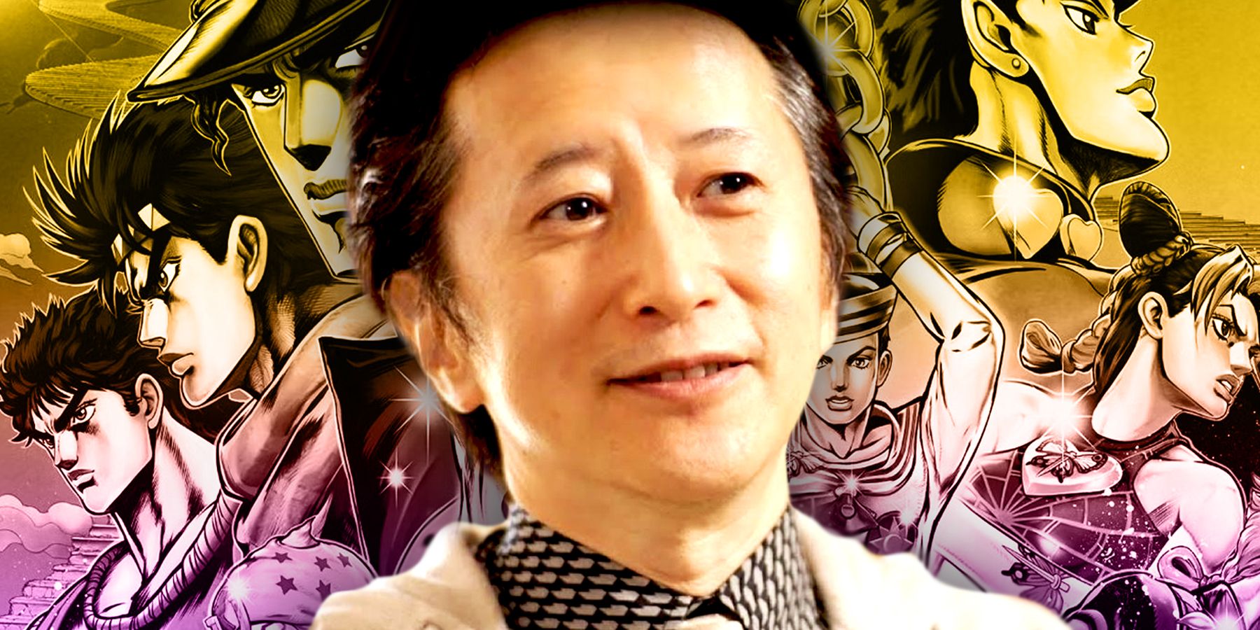 Mangaka Hirohiko Araki in front of manga illustrations of the JoJo family. 