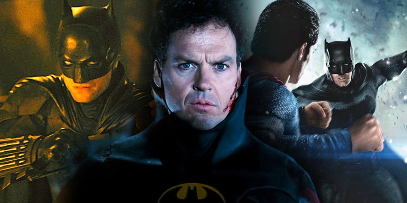 Michael Keaton's Batman unmasked with Robert Pattinson preparing to fight and Batman fighting Superman in the background