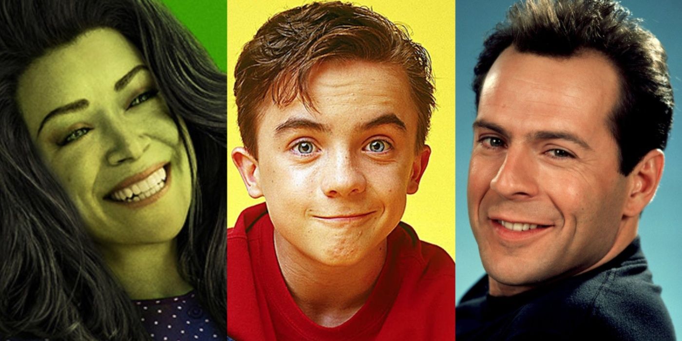 Split image showing Jennifer from She-Hulk, Malcolm from Malcolm in the Middle and David from Moonlighting