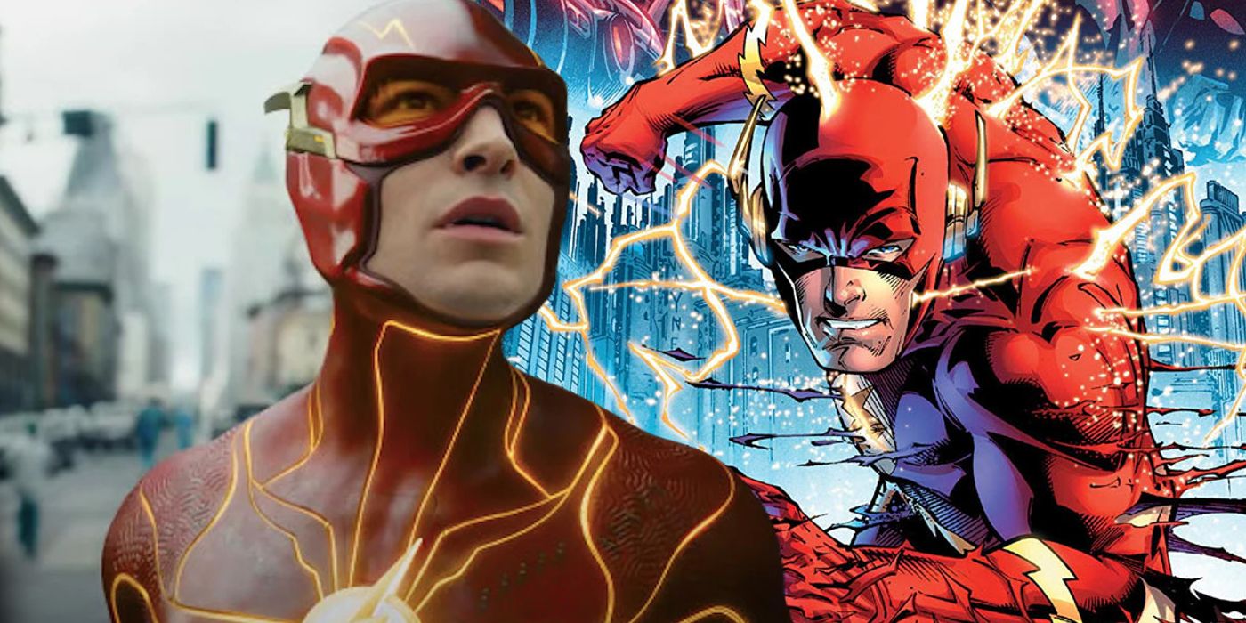 Split Image: Barry Allen (Ezra Miller) in The Flash and the Flashpoint comic cover