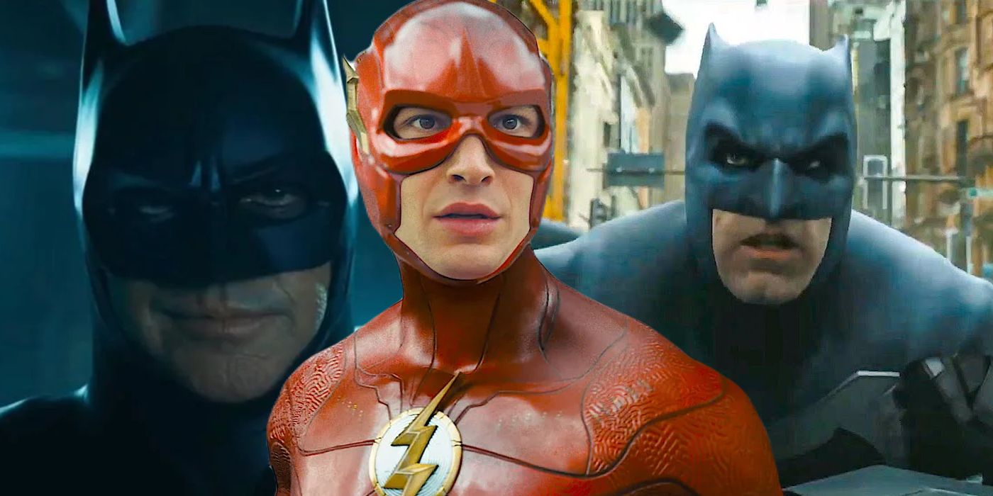 Split Image: Michael Keaton's Batman, Ezra Miller's Flash, and Ben Affleck's Batman in The Flash