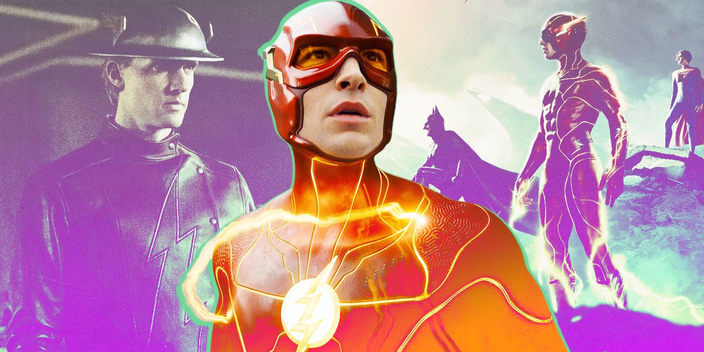 Ezra Miller's The Flash with an image of Jay Garrick in the background 