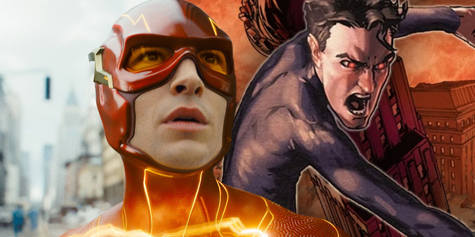 Split Image: Ezra Miller as Barry Allen in The Flash; Superman in Flashpoint DC Comics