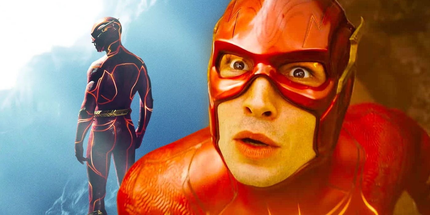 Imagen dividida: Flash de Ezra Miller se encuentra en la Baticueva;  Flash mira hacia arriba en The Flash (2023)