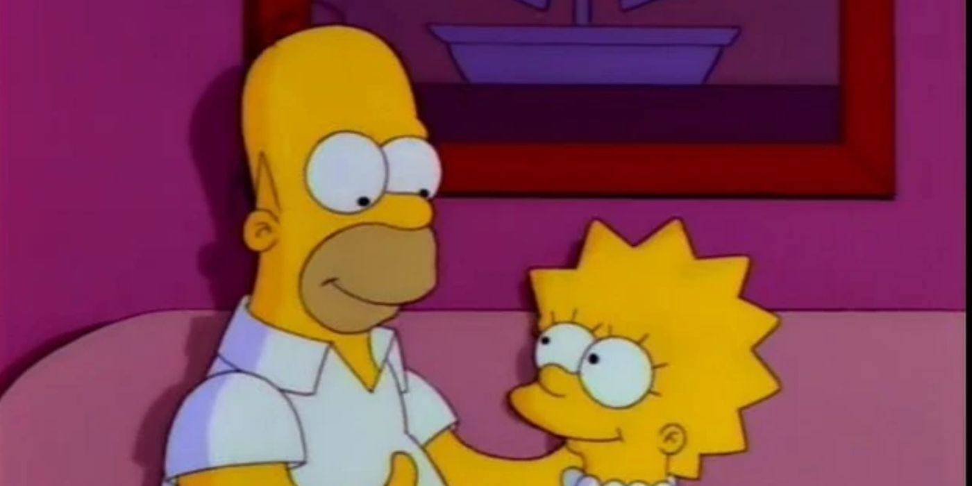 The Simpsons' Lisa smiles at Homer on the couch