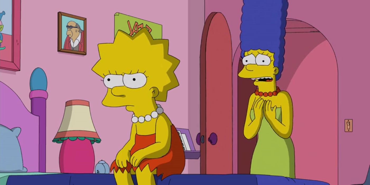 Lisa Simpson está sentada em sua cama de mau humor com Marge parecendo preocupada atrás dela