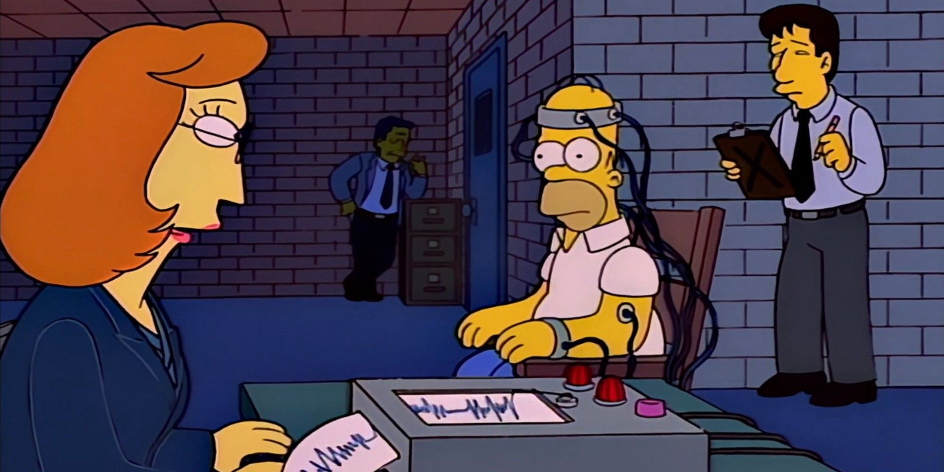 Mulder e Scully entrevistam Homer em um episódio cruzado de Os Simpsons.