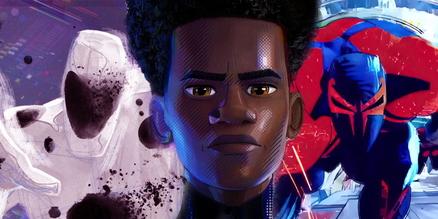 Imagem dividida: The Spot, Miles Morales e Miguel O'Hara em Across the Spider-Verse