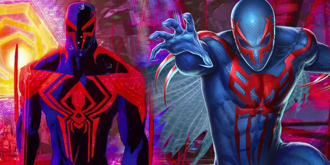 Imagem dividida do Homem-Aranha 2099 do Spider-Verse e dos quadrinhos