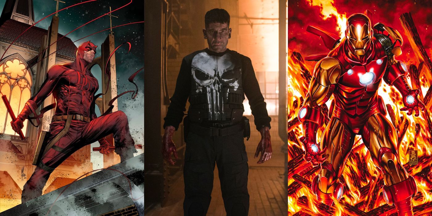 A split image of Daredevil (comics), the Punisher (Netflix series), and Iron Man (comics)
