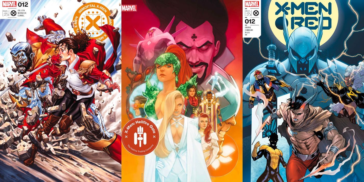 A split image featuring Immortal X-Men #12, X-Men Red #12, and the X-Men Hellfire Gala 2023.