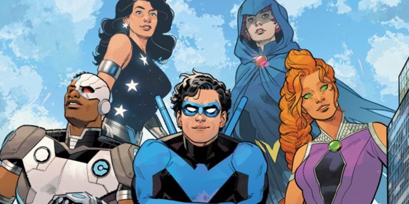 nightwing, donna troy, cyborg, starfire, and raven as they appear on the cover of titans 2