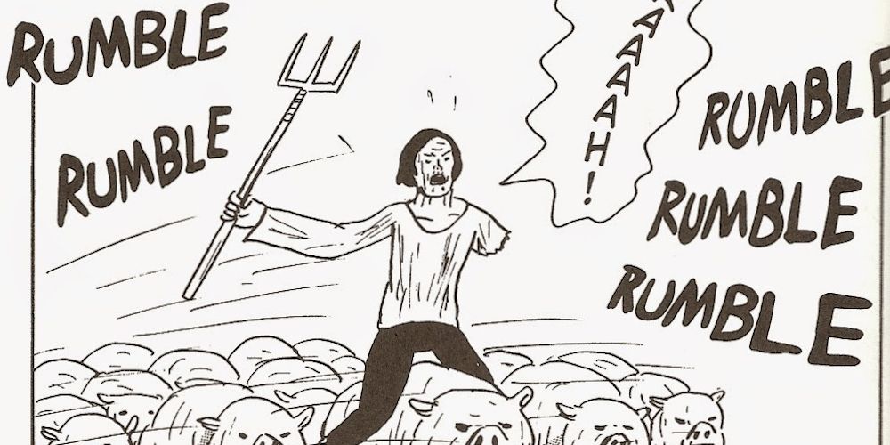 An employee rides pigs and launches an attack in Tokyo Zombie manga