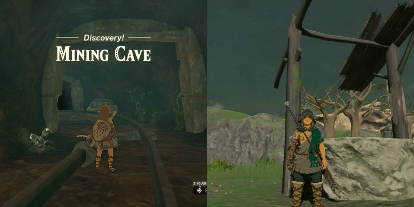 Imagem dividida de Link em uma Mining Cave e parado na entrada de um poço.