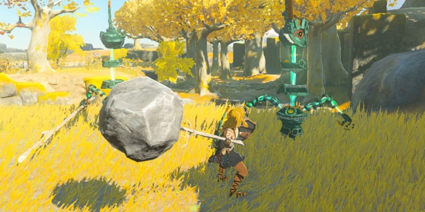 Link lutando contra um Construct Zonai com um clube improvisado em Tears of the Kingdom.