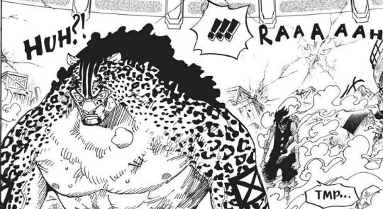 Monkey D. Luffy stands up behind Rob Lucci during their fight in One Piece's Enies Lobby arc