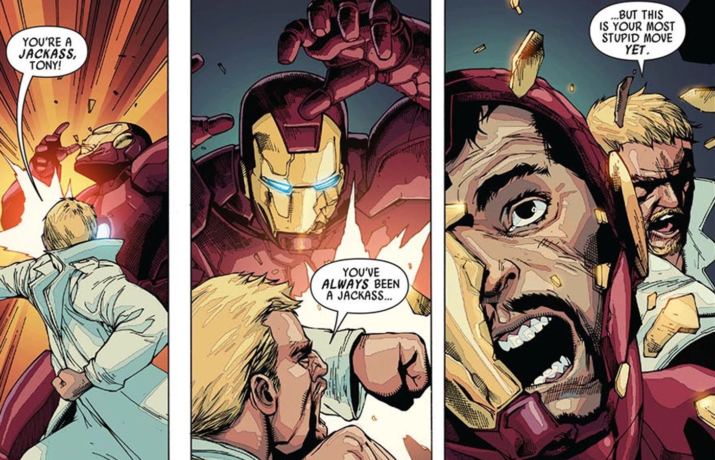 Gregory Stark em seu terno branco derrotando um homem de ferro blindado em Ultimate Avengers vs New Ultimates