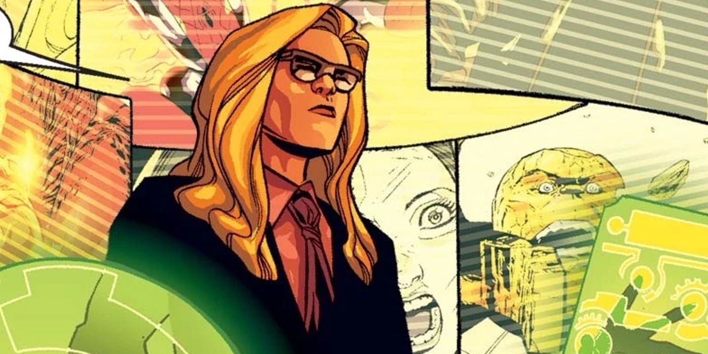 the ultimate marvel universe's version of carol danvers in a suit and sunglasses operating a complex computer system