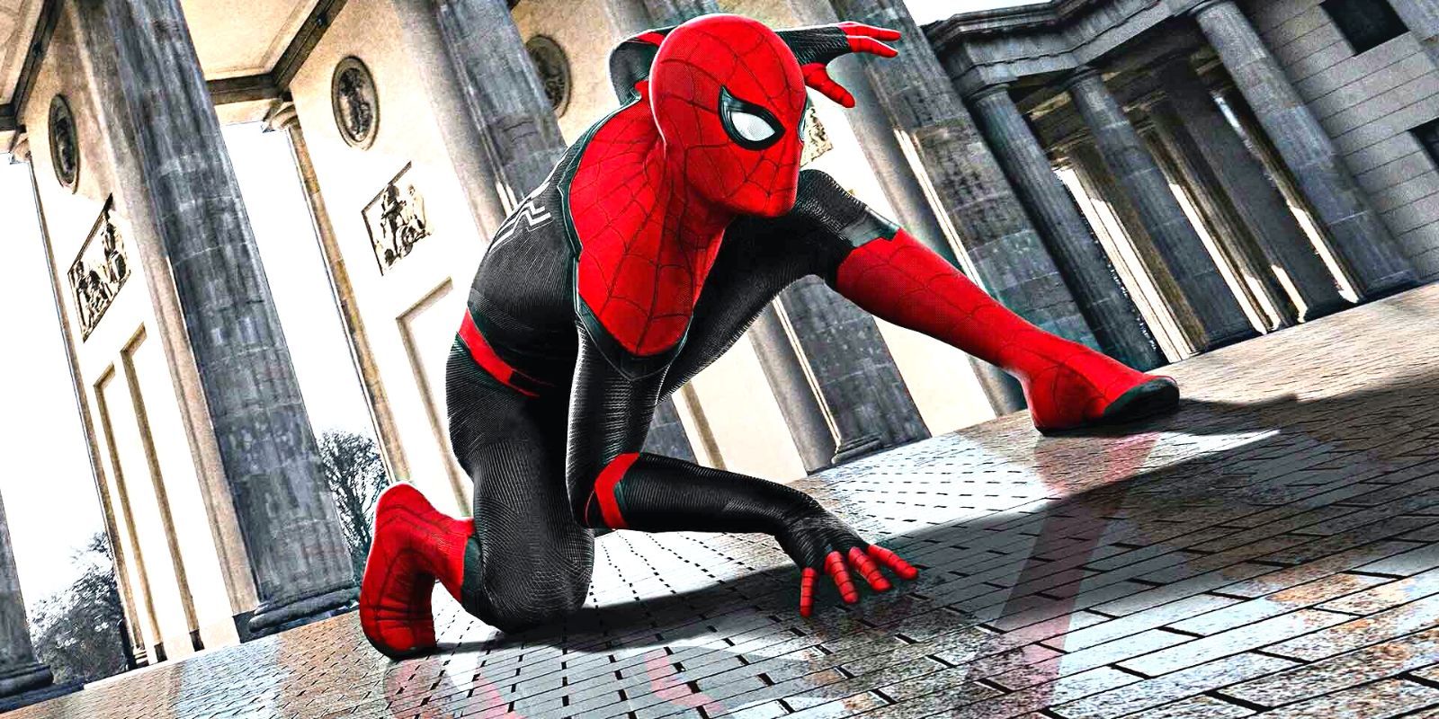 Tom Holland's Spider-Man crouching, ready for action