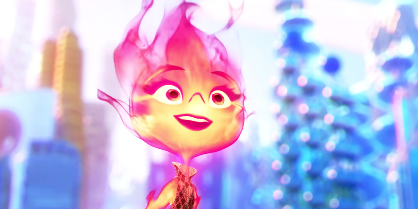 Ember, do Elemental da Pixar, sorri enquanto parece surpreso