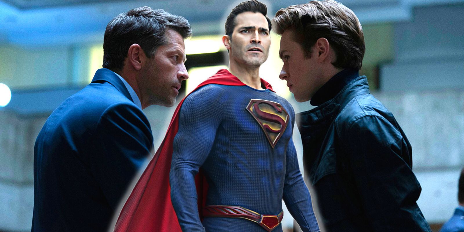 Superman posing between Harvey Dent and Turner Hayes