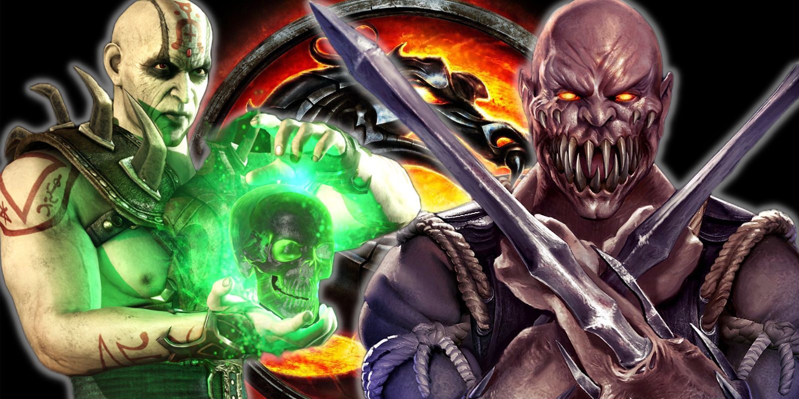 Quan-Chi and Baraka in front of a fiery Mortal Kombat logo