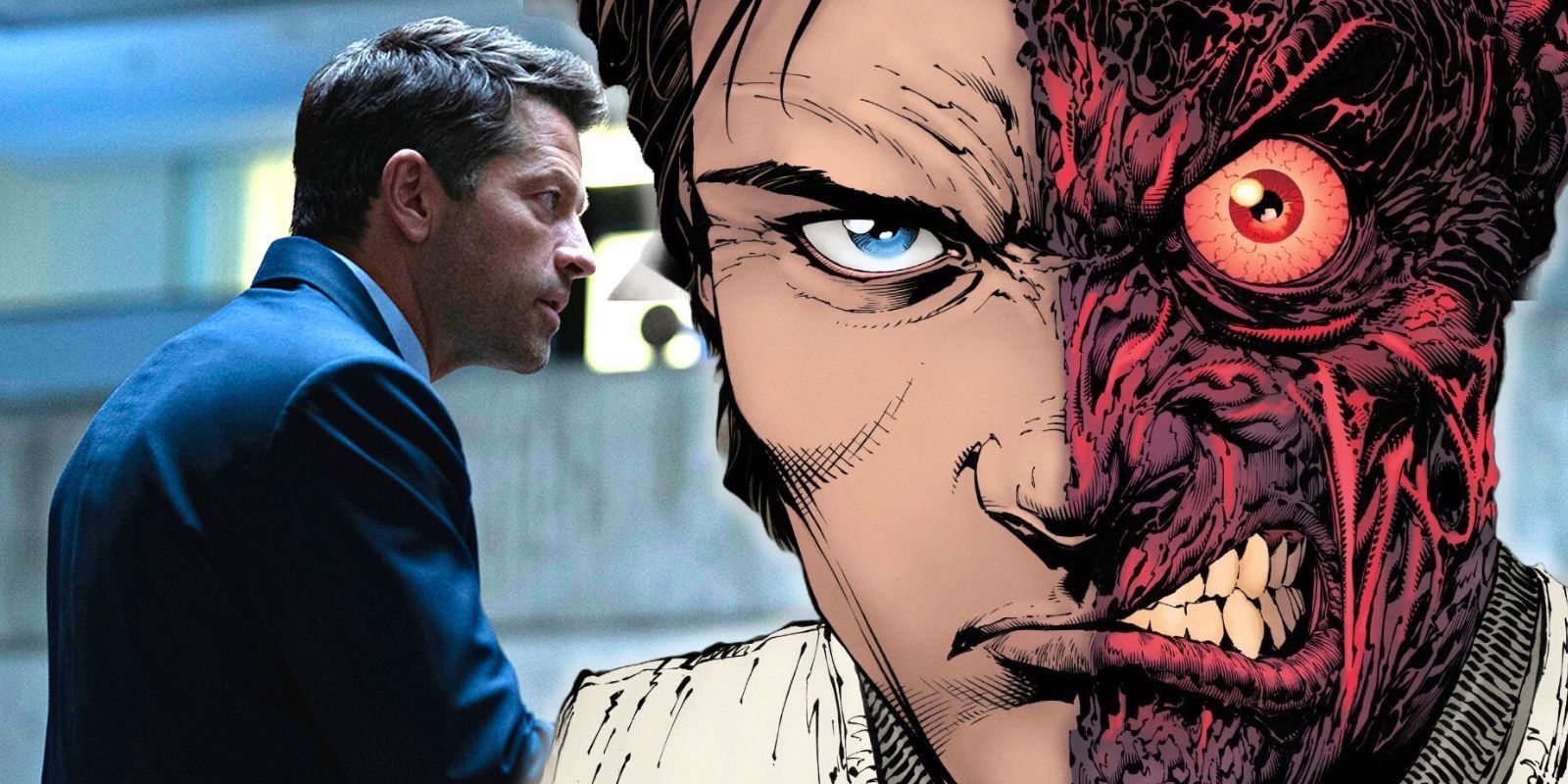 Misha Collins alongside a furious Two-Face