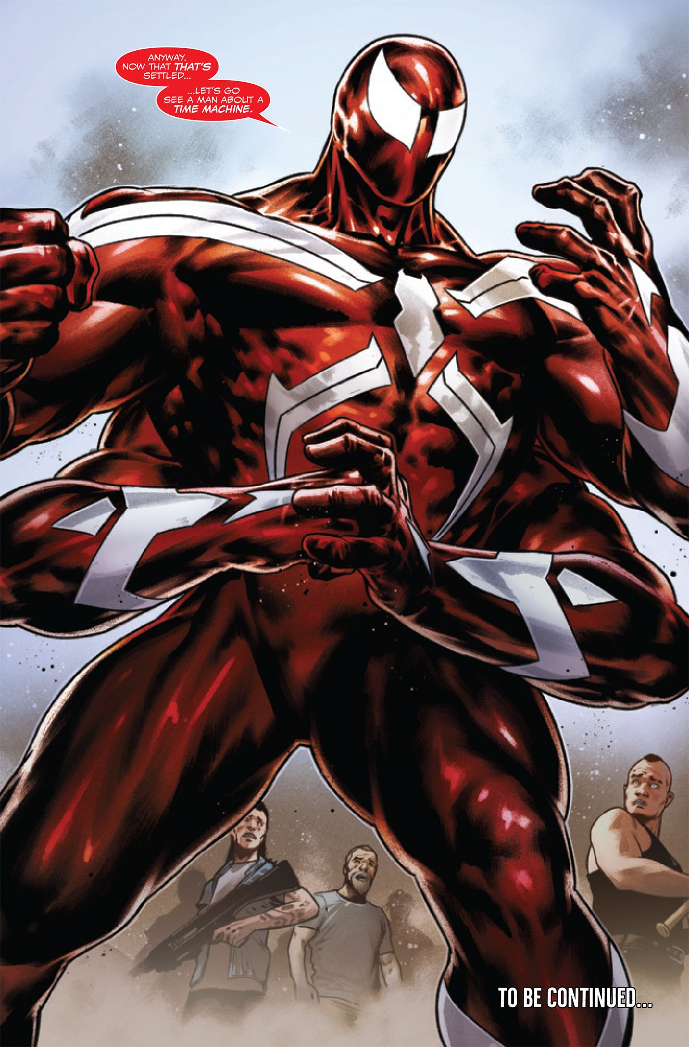 Eddie Brock and Bedlam merge into a giant red symbiote with four arms in Venom #21 (2023).
