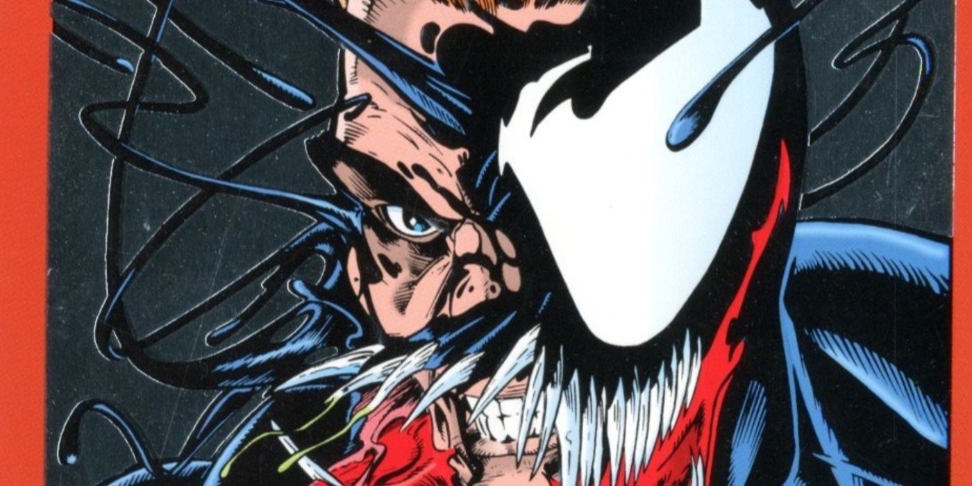 O rosto de Eddie Brock revelado através do traje do Venom Symbiote.